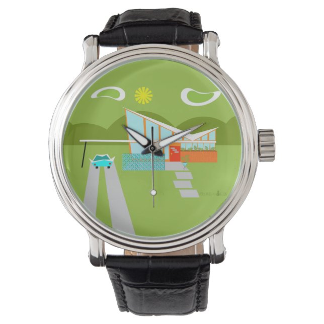 Retro Palm Springs House Black Leather Watch Armbanduhr (Vorderseite)