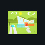 Retro Palm Springs House Wrapped Canvas Leinwanddruck<br><div class="desc">Dieses Retro Palm Springs House mit Car Wrapped Canvas ist ein moderner Liebhaber der Mitte des Jahrhunderts. Das minimalistische Kunstdesign besticht durch ein elegantes Orange- und Glashaus mit einem stark abfallenden Dach aus Markierungsform. Die rote Tür hebt den orangefarbenen Steinplaner, der mit Grünpflanzen gefüllt ist, und den dekorativen, türkisfarbenen Kinderblockschutz...</div>