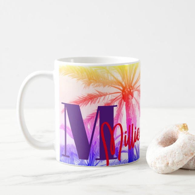 Retro Palm Sunset - Personalisierter Name Kaffeetasse (Mit Donut)