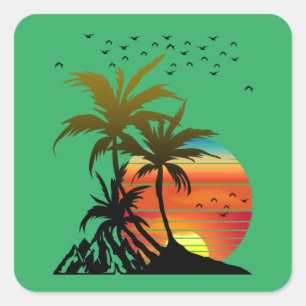 Retro Palm Trees Mountain Sunset Quadratischer Aufkleber