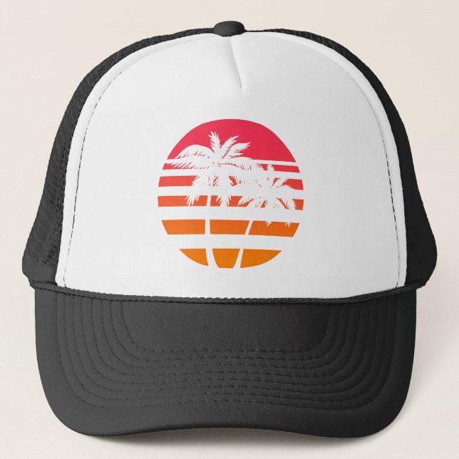 Retro Palme-Sonnenuntergang-Grafik Truckerkappe (Vorderseite)
