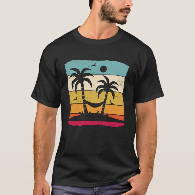 Retro-Palmen mit Hängematte, tropischer Strand T-Shirt (Vorderseite)