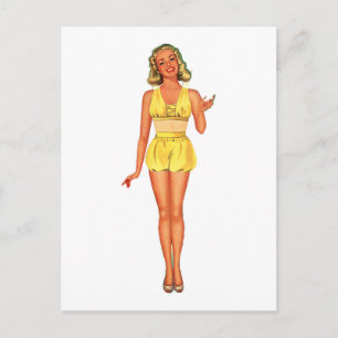Retro-Papierpuppe Dame in Gelb gekleidet Postkarte