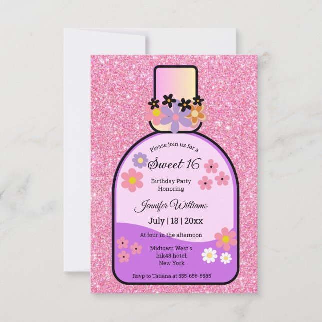 Retro-Parfüm süß 16 rosa Glitzer blumenreich niedl Einladung (Vorderseite)
