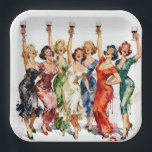 Retro Party Ladies with Red Wine Pappteller<br><div class="desc">A cheerful group of women in elegant party dresses is joyfully raising their glasses of red wine,  celebrating together at a festive gathering that captures a delightful retro vibe.</div>