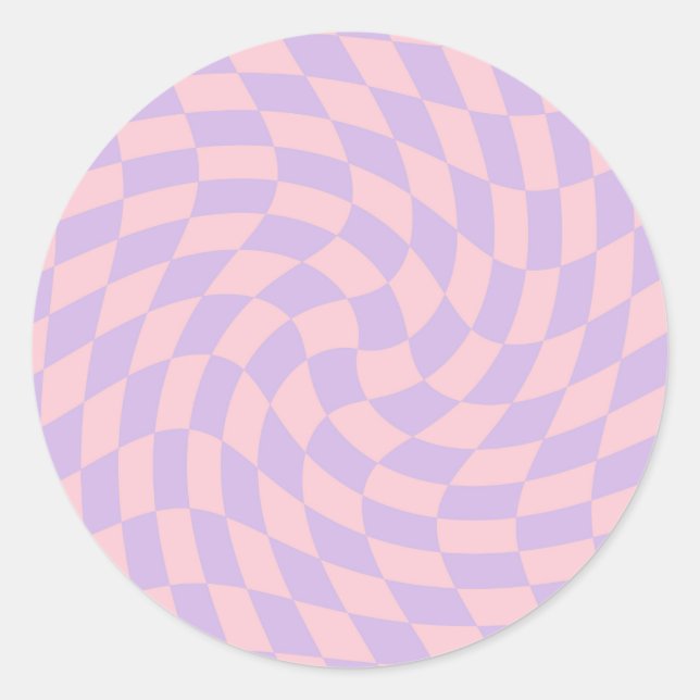 Retro Pastel Blue Pink Warped Karos überprüft Runder Aufkleber (Vorderseite)