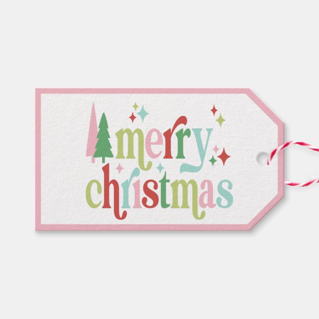 Retro Pastel Christmas | Frohe Weihnachten Geschenkanhänger (Vorderseite (Horizontal))
