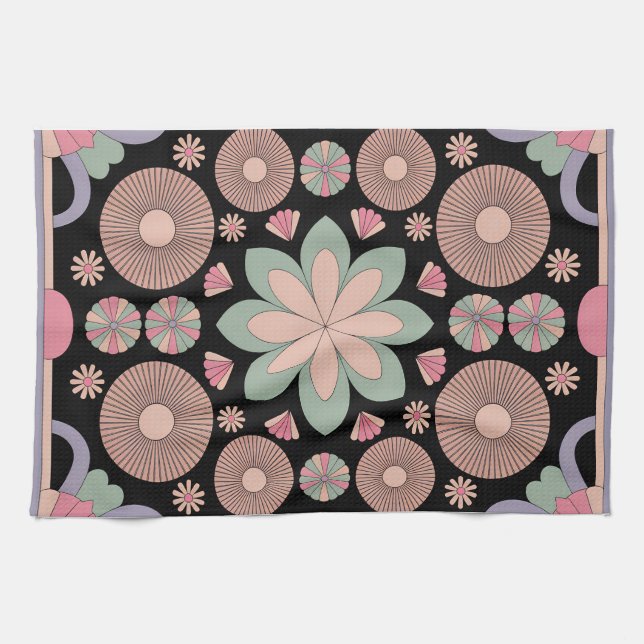 Retro Pastel Floral Mandala Symmetry Geschirrtuch (Horizontal)