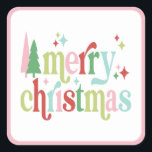 Retro Pastel Merry Christmas Quadratischer Aufkleber<br><div class="desc">Dieser spielerische Aufkleber enthält das Sprichwort "fröhliche Weihnachten" mit abwechselnden Farben und funkelnden Akzenten. Die Farben sind rosa,  rot,  grün und hellblau.</div>