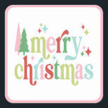 Retro Pastel Merry Christmas Quadratischer Aufkleber<br><div class="desc">Dieser spielerische Aufkleber enthält das Sprichwort "fröhliche Weihnachten" mit abwechselnden Farben und funkelnden Akzenten. Die Farben sind rosa,  rot,  grün und hellblau.</div>
