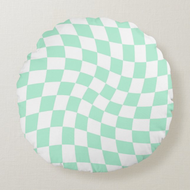 Retro Pastel Minze Grüne Karos verdeckt Rundes Kissen (Vorderseite)