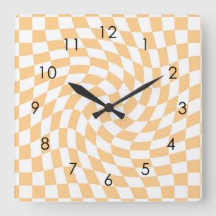 Retro Pastel Peach Checks Warped Checkered Dorm  Quadratische Wanduhr