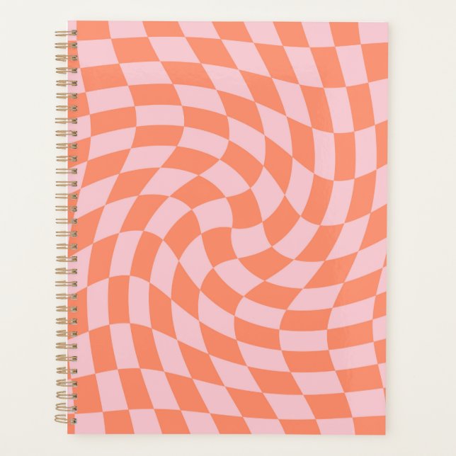Retro Pastel Peach Karo Verzierte Karton Planer (Vorderseite)