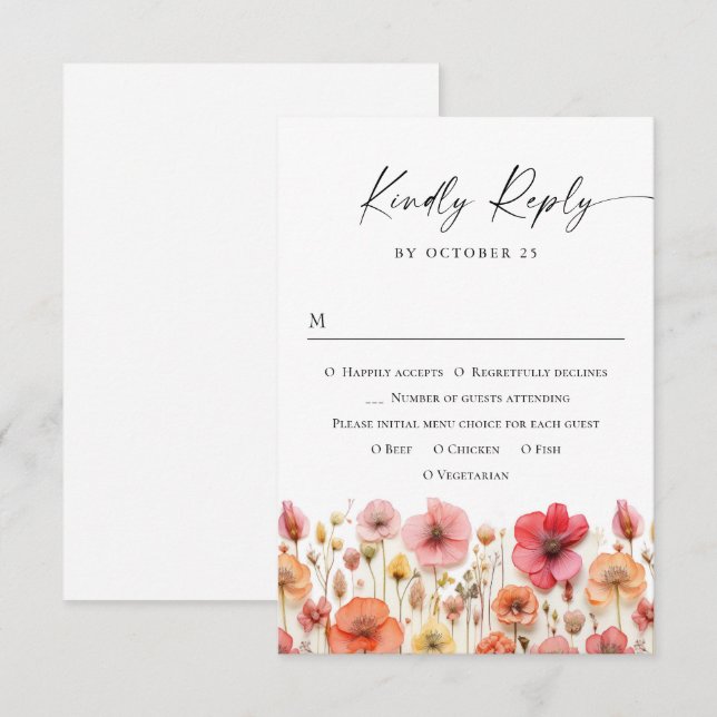 Retro Pastel Pink Boho Wild Blume Hochzeit RSVP Karte (Vorne/Hinten)