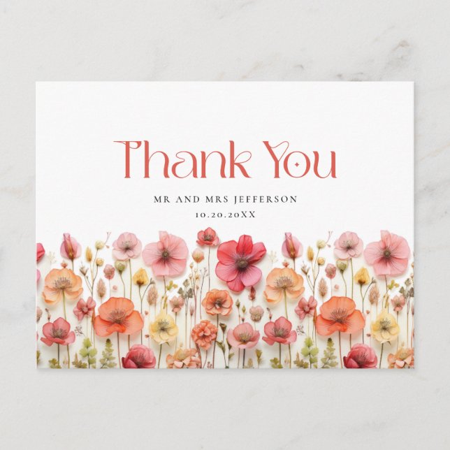 Retro Pastel Pink Boho Wildblume Danke Postkarte (Vorderseite)