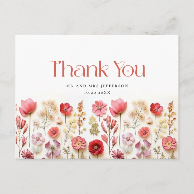 Retro Pastel Pink Boho Wildblume Danke Postkarte (Vorderseite)