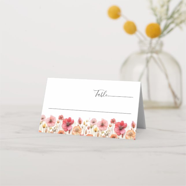 Retro Pastel Pink Boho Wildblume Wedding Platzkarte (Vorderseite)