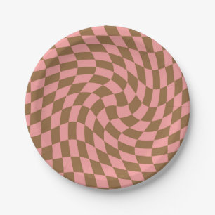 Retro Pastel Pink Braun Karo Warmer Karton Pappteller