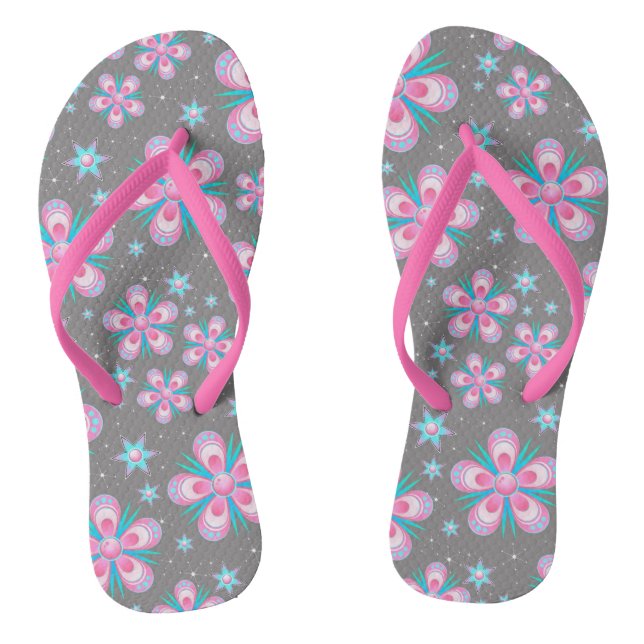 Retro Pastel Pink Stilvolle Blume Kunstwerk Flip Flops (Fußbett)
