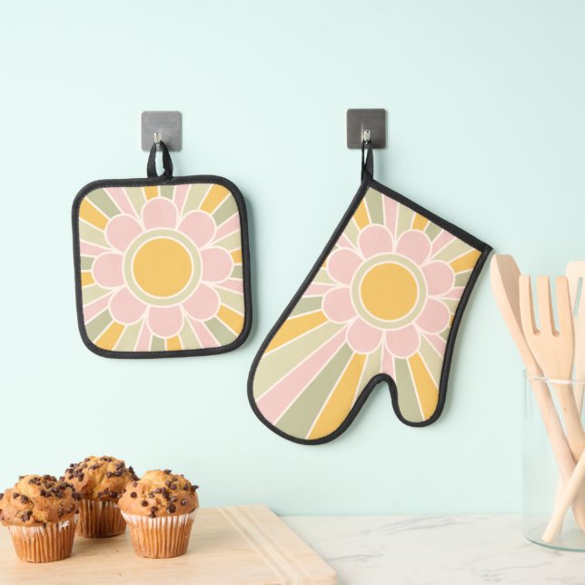 Retro Pastel Sunshine Personalized Kitchen  Ofenhandschuh & Topflappen-Set (Insitu (Hängend))