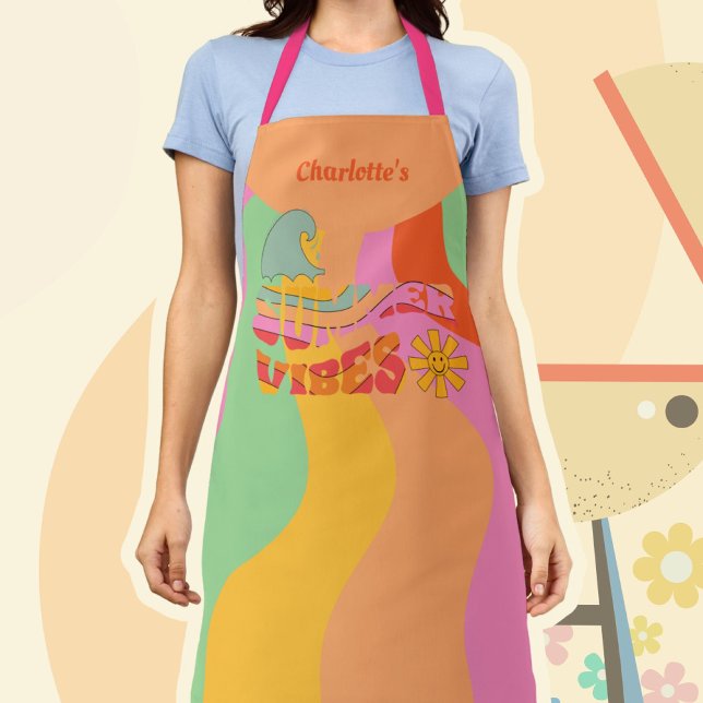 Retro Pastel Waves Summer Vibes with Name Schürze (Retro Pastel Waves Summer Vibes with Name Apron ©Susanne Sachers - Sunny Mind 🌞)
