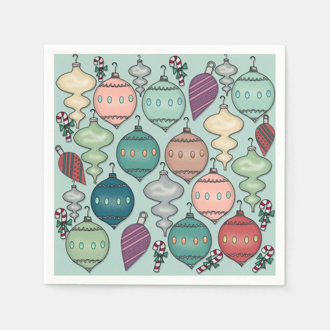 Retro Pastel Weihnachtsschmuck auf Opal Blue Serviette (Vorderseite)
