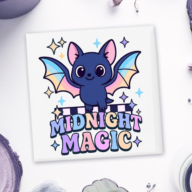 Retro Pastelcore Niedliches Halloween-Bat & Checke Magnet (The midnight magic kawaii bat design shines with retro pastel charm.)