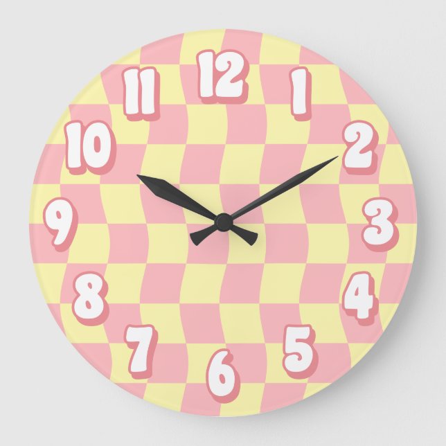 Retro Pastell Pink Gelb Wavy Karton Große Wanduhr (Vorderseite)