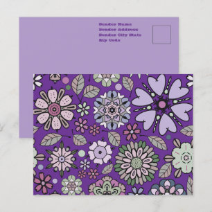 Retro Pastell Rosa Lila Blumen Nahtloses Muster Postkarte