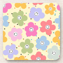 Retro-Pastell-Smiley-Blumenmuster-Getränkeunterset