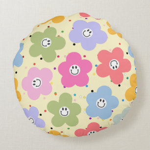 Retro-Pastell-Smiley-Blumenmuster-Runde-Wurfkissen Rundes Kissen