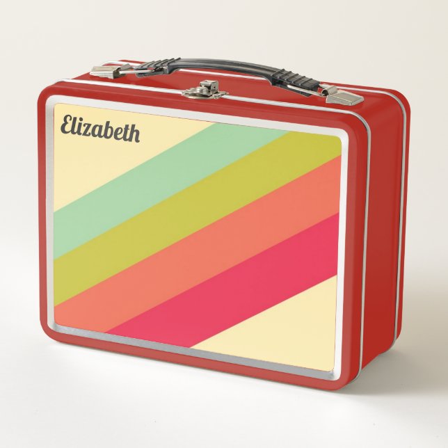 Retro Pastellfarbregenbogen-personalisierter Name Metall Lunch Box (Vorderseite)