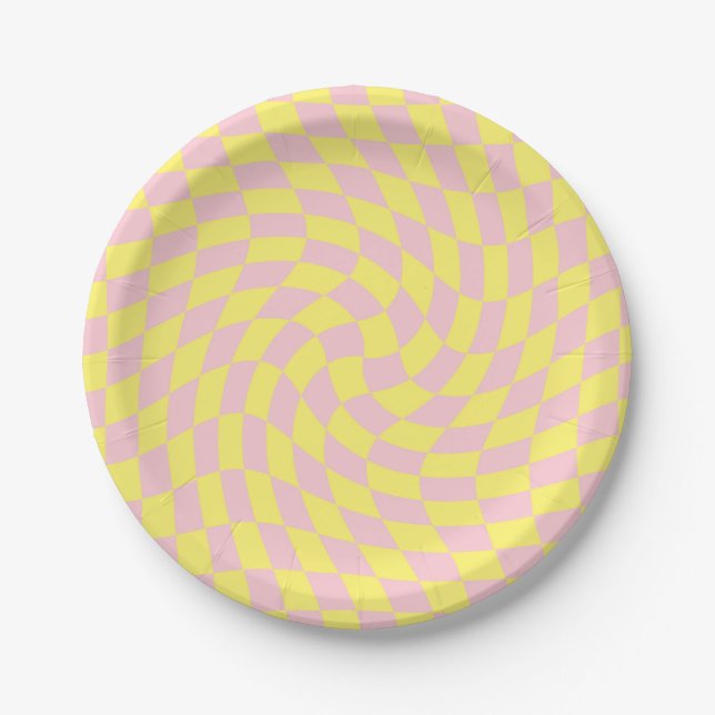 Retro Pastellgelbe Karos verschleierte Karton Pappteller (Vorderseite)