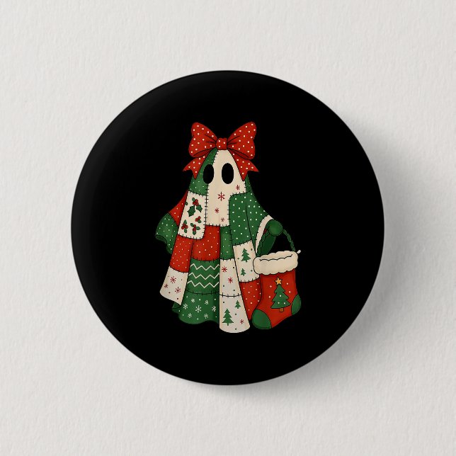 Retro Patchwork Christmas Ghost Coquette Bow X-mas Button (Vorderseite)