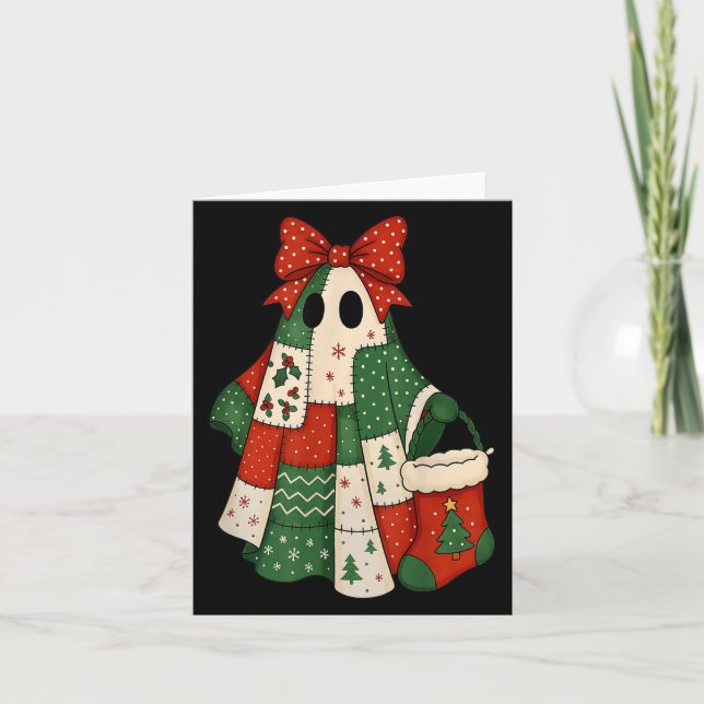 Retro Patchwork Christmas Ghost Coquette Bow X-mas Karte (Vorderseite)