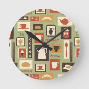 Retro pattern with kitchen dishes for breakfast runde wanduhr