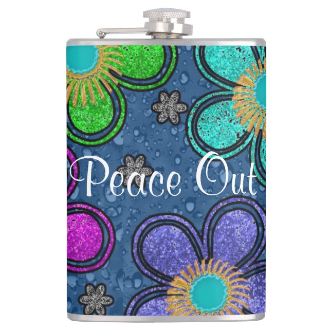 Retro Peace Out Hippie Style Blume Power Muster Flachmann (Vorderseite)