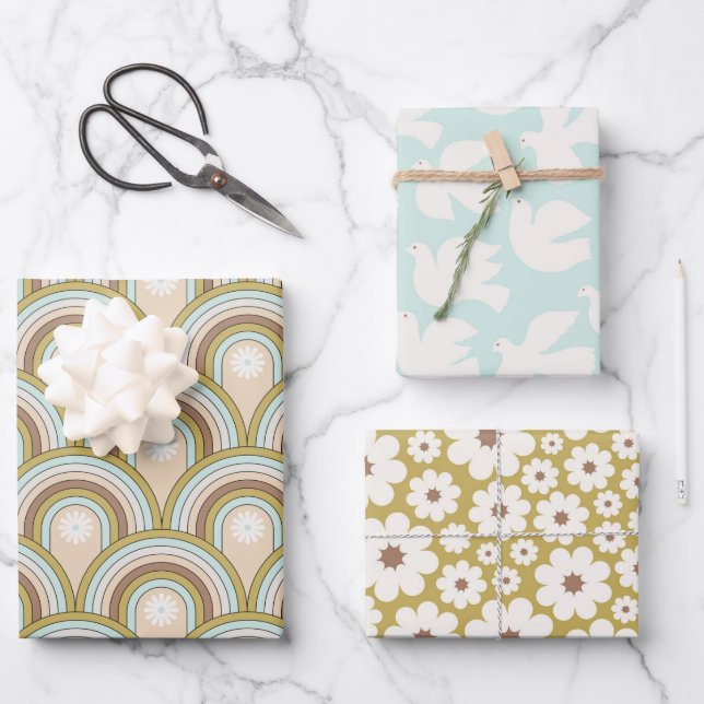 Retro Peace Rainbow Dove Neutral Fun Floral Geschenkpapier Set (Vorderseite)