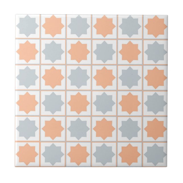 Retro Peach Fuzz und Blue Islamic Geometric Patter Fliese (Vorderseite)