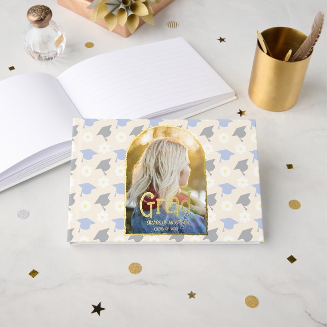 Retro Peach Graduation Gästebuch (Vorderseite Offen)