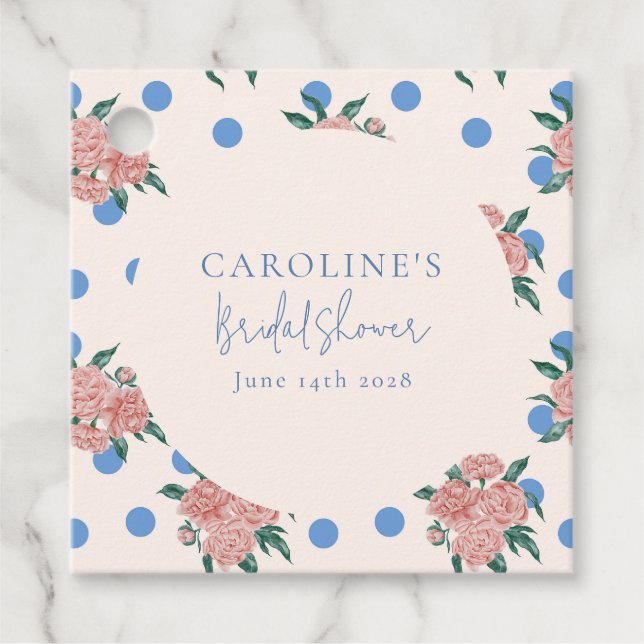 Retro Peony Floral Blue Dots Brautparty Custom Geschenkanhänger (Vorderseite)
