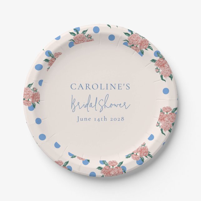 Retro Peony Floral Blue Dots Brautparty Custom Pappteller (Vorderseite)