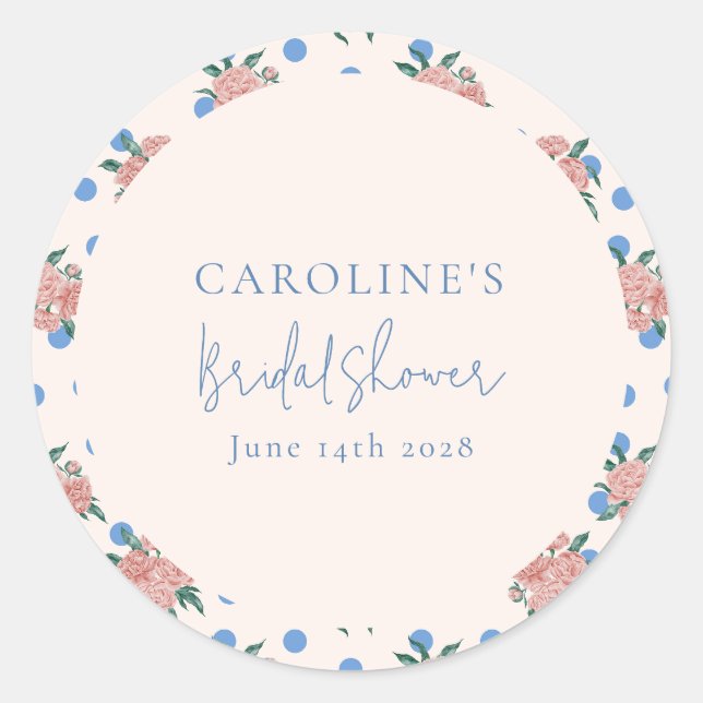 Retro Peony Floral Blue Dots Brautparty Custom Runder Aufkleber (Vorderseite)