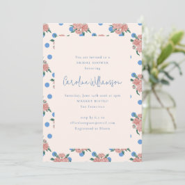Retro Peony Floral Garden Blue Dots Brautparty Einladung