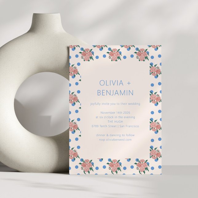 Retro Peony Floral Garden Blue Dots Wedding Einladung (Von Creator hochgeladen)