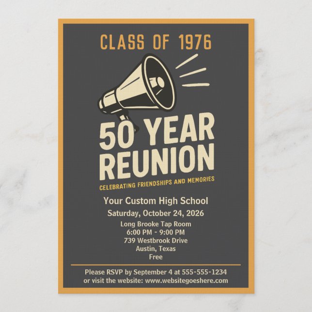 Retro Pep Rally Style 50 Year Class Reunion Einladung (Vorderseite)