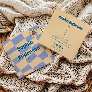 Retro Periwinkle Checkerboard mit Daisy Blume Quadratische Visitenkarte