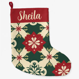 Retro Personalisiert rot und grün Kariert Großer Weihnachtsstrumpf
