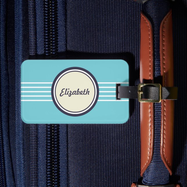 Retro-Personalisierte Aquamarine und blaue Gepäckm Gepäckanhänger (Vorderseite Insitu 4)
