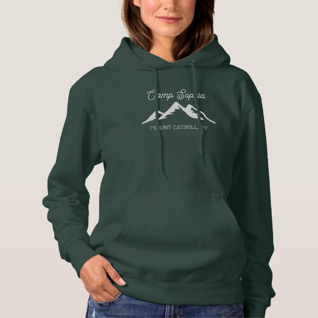 Retro Personalisierte Camp Name Berge grün Hoodie (Vorderseite)